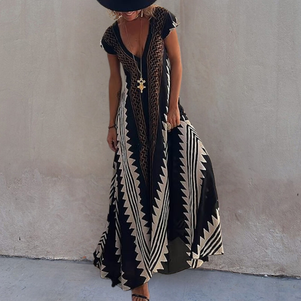 Adelina - Zomerse boheemse maxi jurk met geometrisch patroon