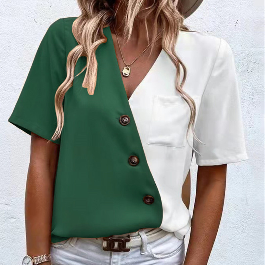 Lara - Luchtige damesblouse met chique V-hals, knoopdetail en zomerse tweekleurige elegantie