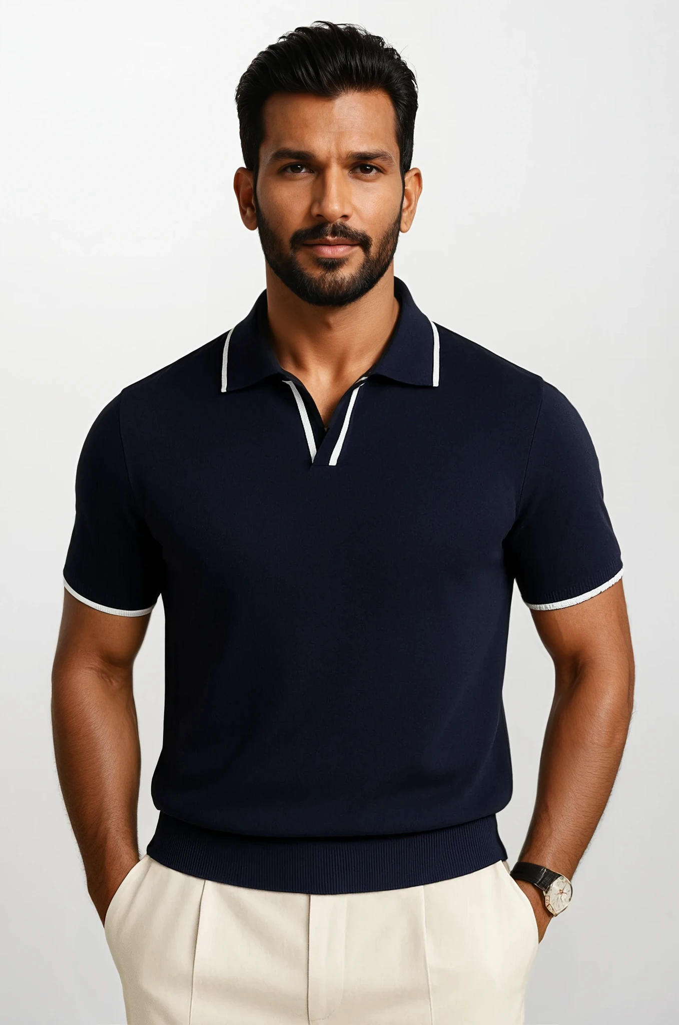 Essential Polo en Maille Manches Courtes avec Bordures Contrastées Dunkelblau