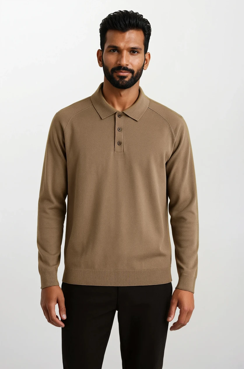 Essential Polo en Maille Manches Longues Braun