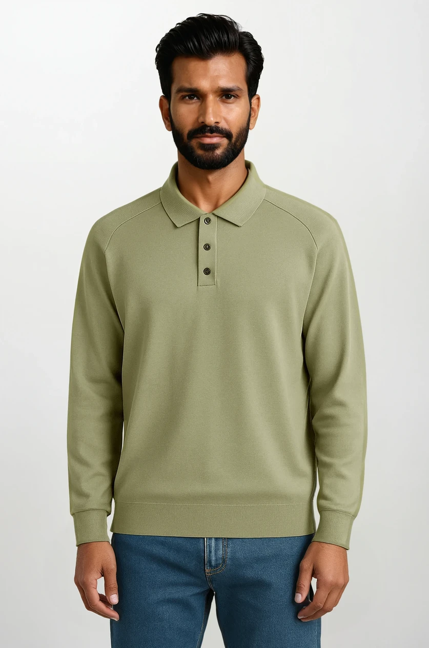 Essential Polo en Maille Manches Longues Grün