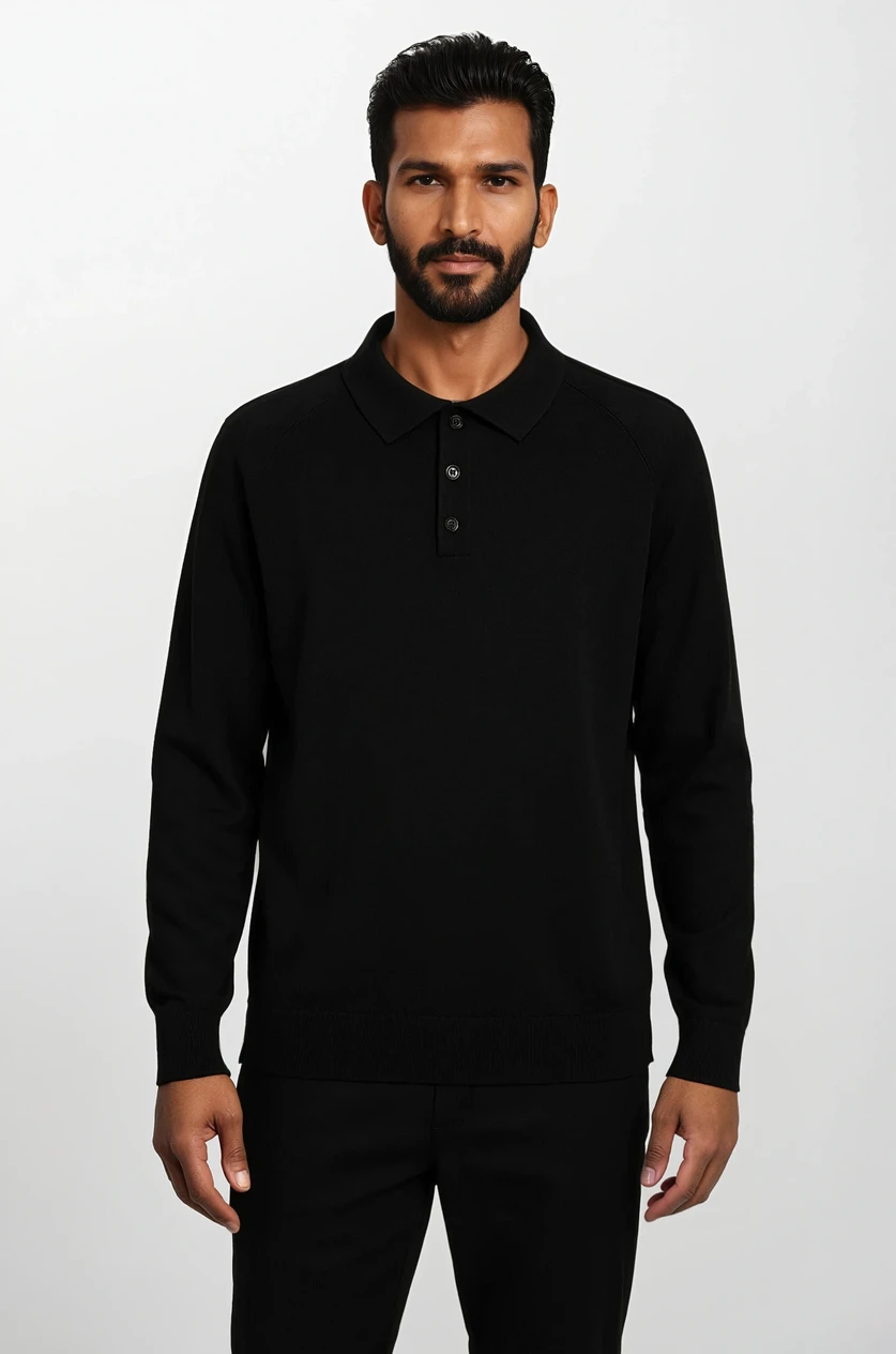 Essential Polo en Maille Manches Longues Schwarz