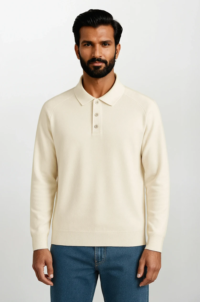 Essential Polo en Maille Manches Longues Weiß