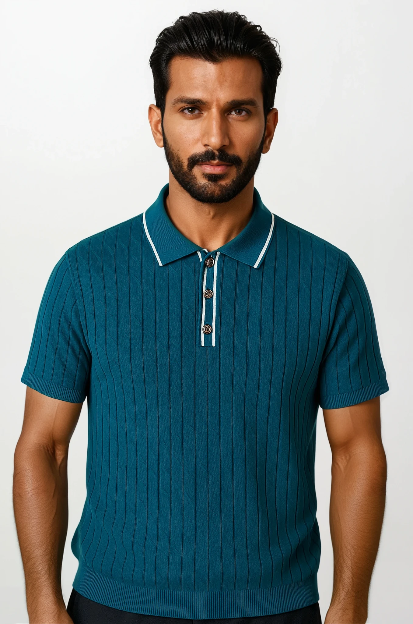 Essential Polo en Maille avec Col Contrasté Bleu