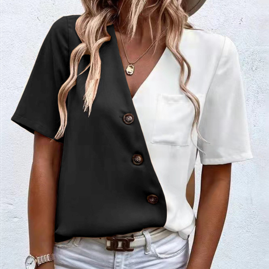 Lara - Luchtige damesblouse met chique V-hals, knoopdetail en zomerse tweekleurige elegantie