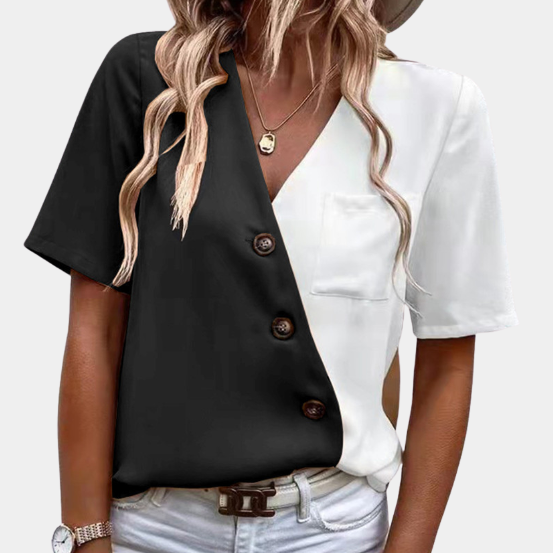 Lara - Luchtige damesblouse met chique V-hals, knoopdetail en zomerse tweekleurige elegantie