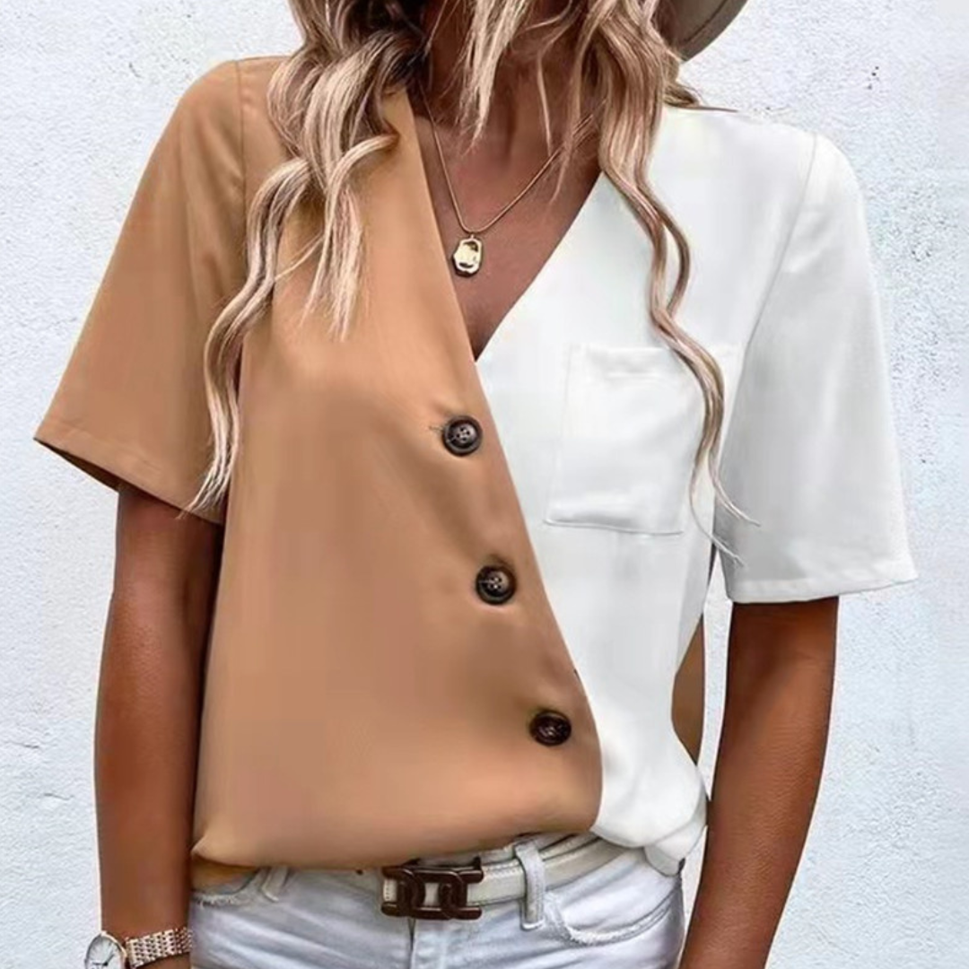 Lara - Luchtige damesblouse met chique V-hals, knoopdetail en zomerse tweekleurige elegantie