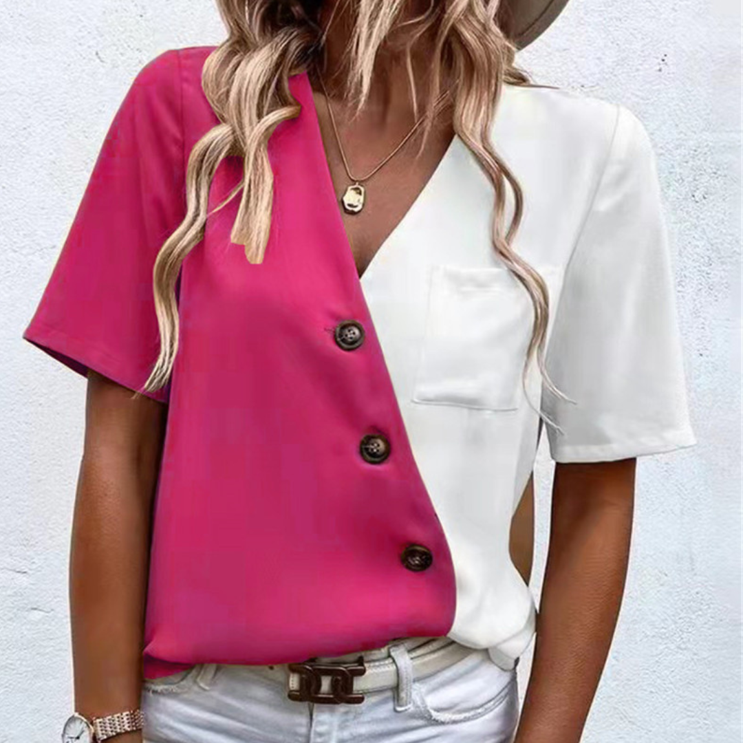 Lara - Luchtige damesblouse met chique V-hals, knoopdetail en zomerse tweekleurige elegantie