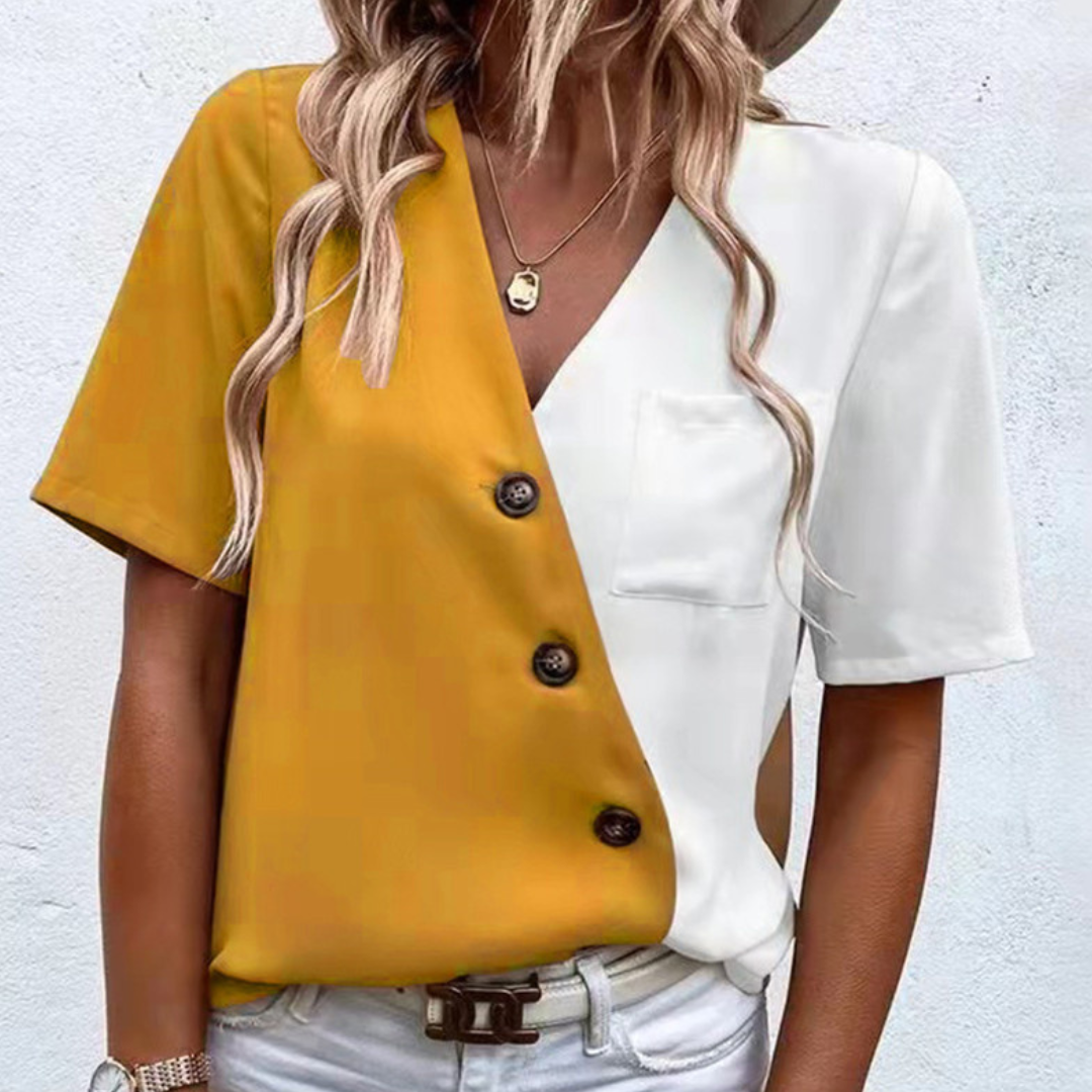 Lara - Luchtige damesblouse met chique V-hals, knoopdetail en zomerse tweekleurige elegantie
