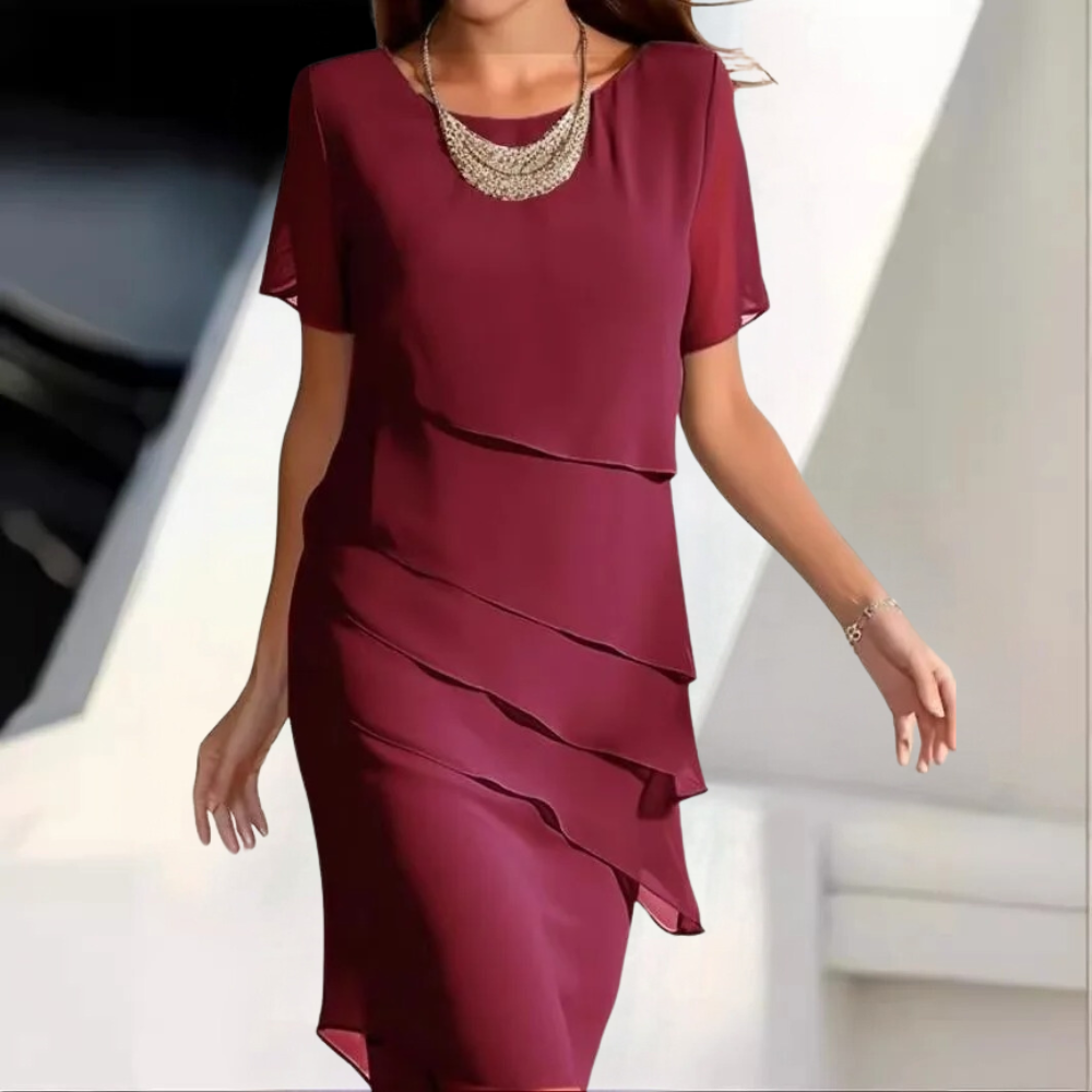 Karmen - Luxe Chiffon Midi Dress met Gelaagde Ontwerpen voor Zomer Elegantie