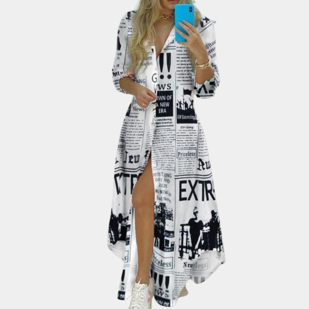 Antonia - Luxe Zomerjurk met Artistieke Kranten Print