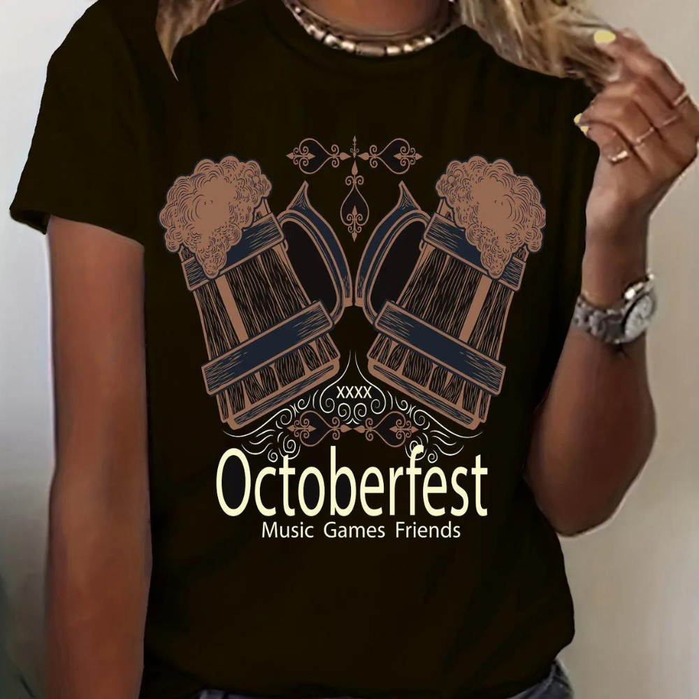 Agnieszka - Bedrukt t-shirt met zomerse Oktoberfest print voor dames