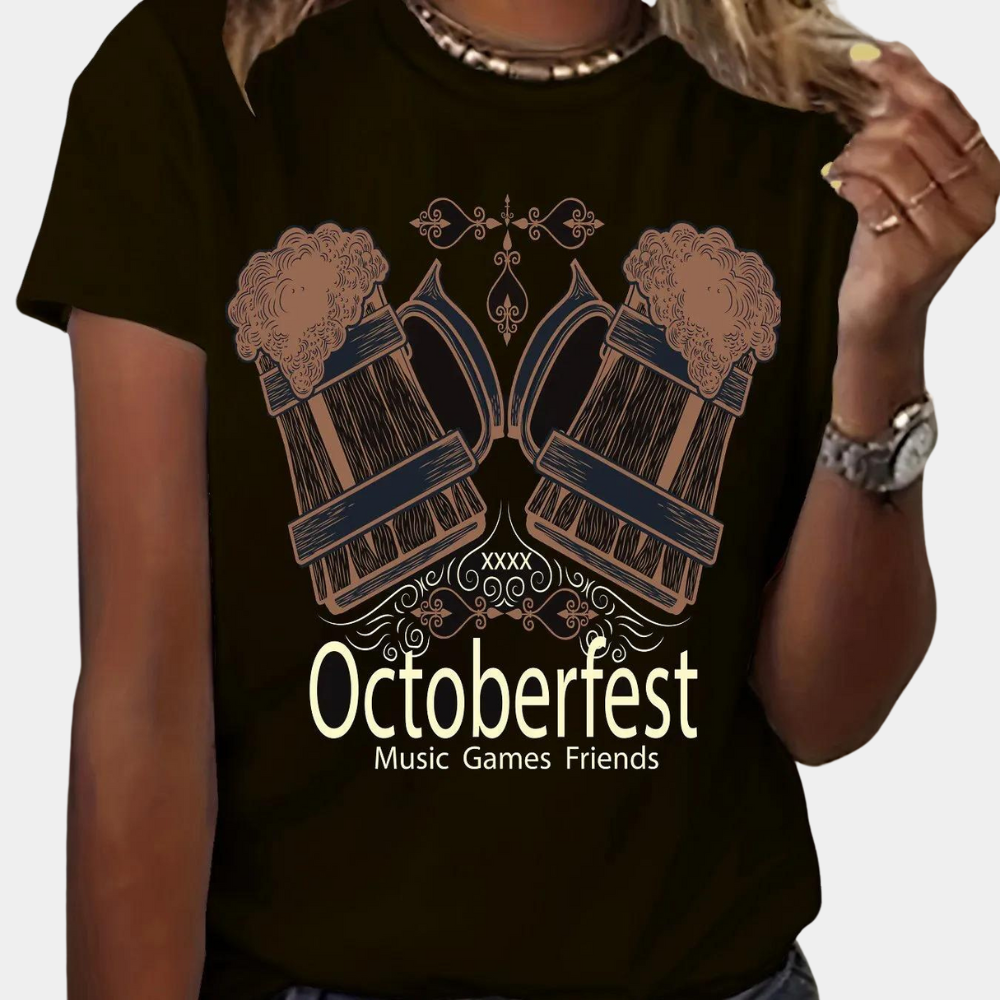Agnieszka - Bedrukt t-shirt met zomerse Oktoberfest print voor dames