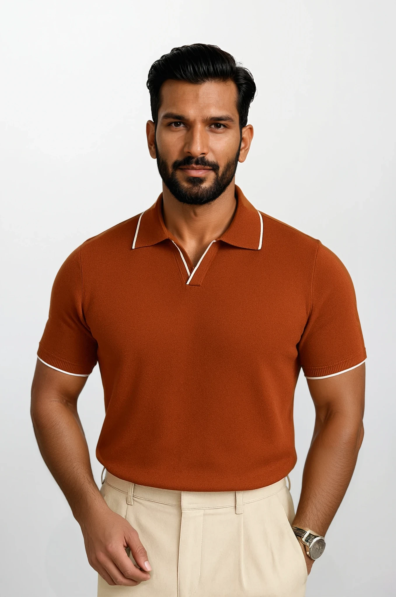 Essential Polo en Maille Manches Courtes avec Bordures Contrastées Braun