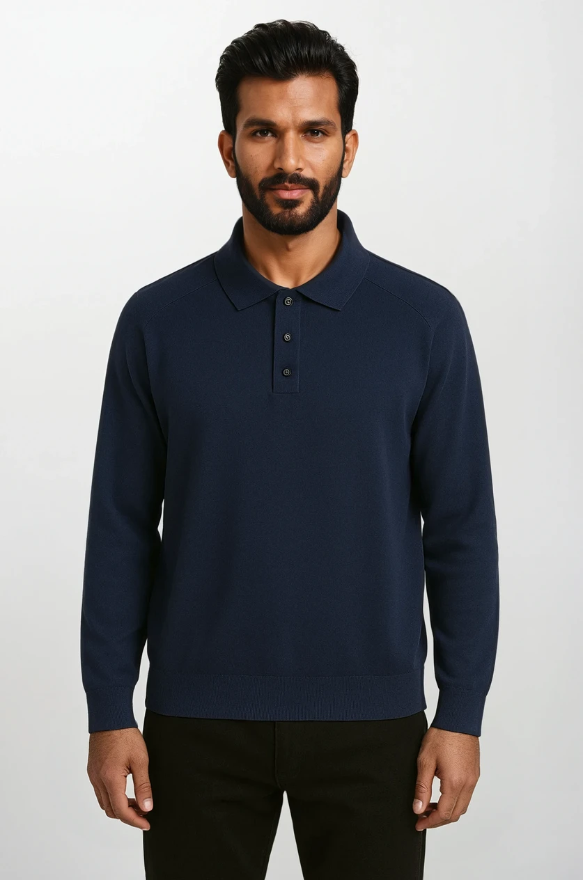 Essential Polo en Maille Manches Longues Marineblau