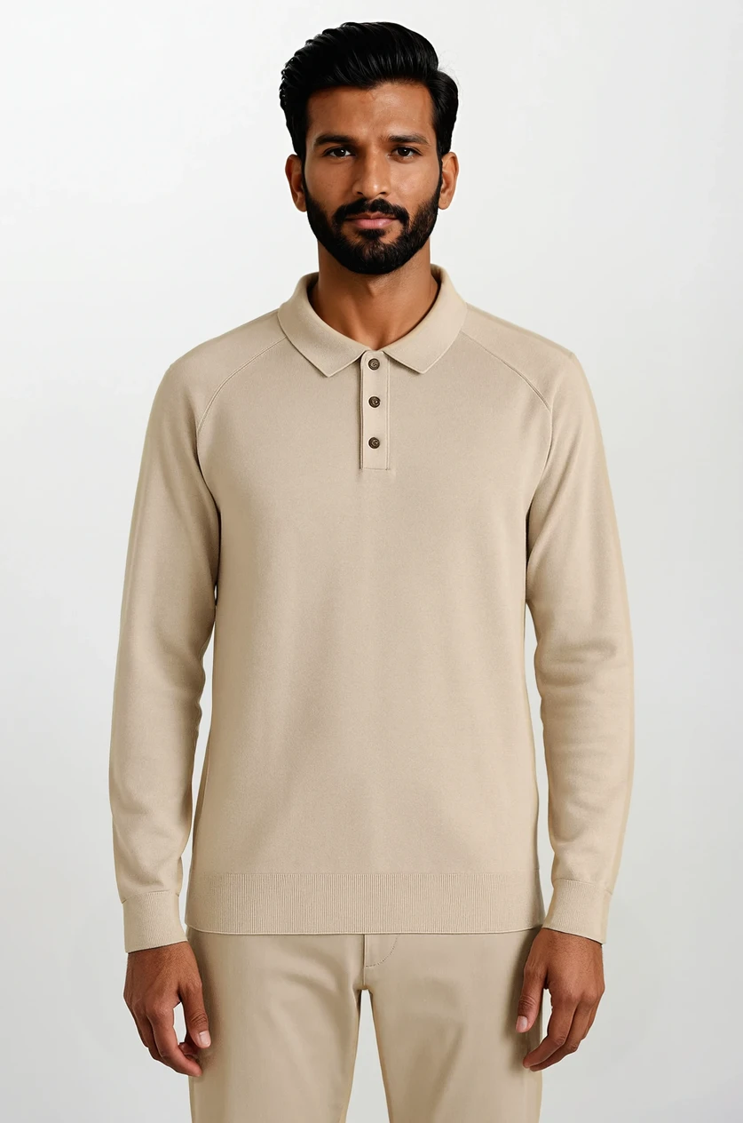 Essential Polo en Maille Manches Longues Beige