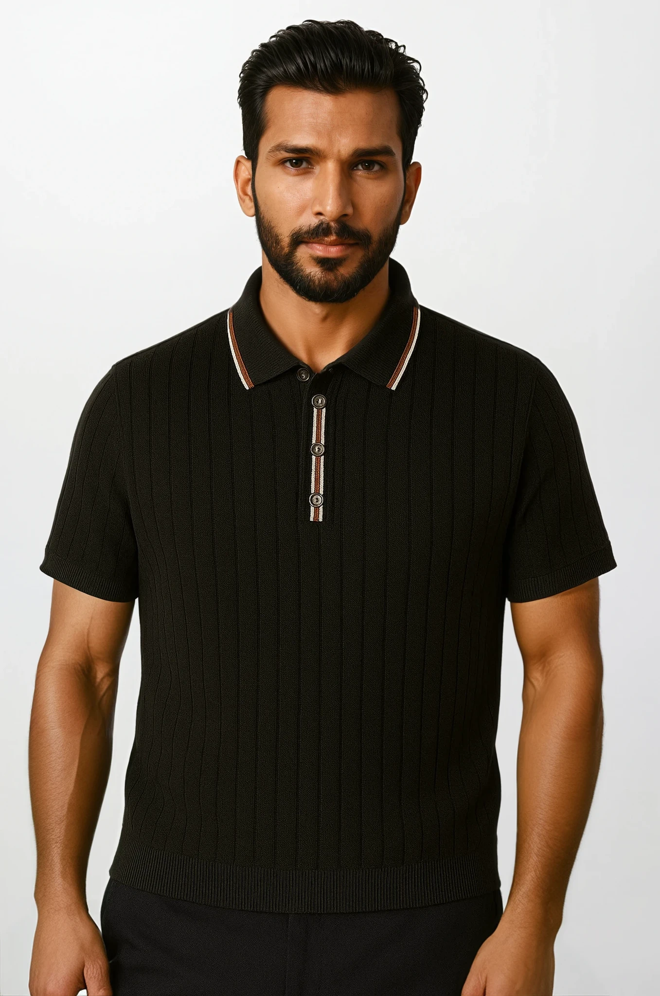 Essential Polo en Maille avec Col Contrasté Noir