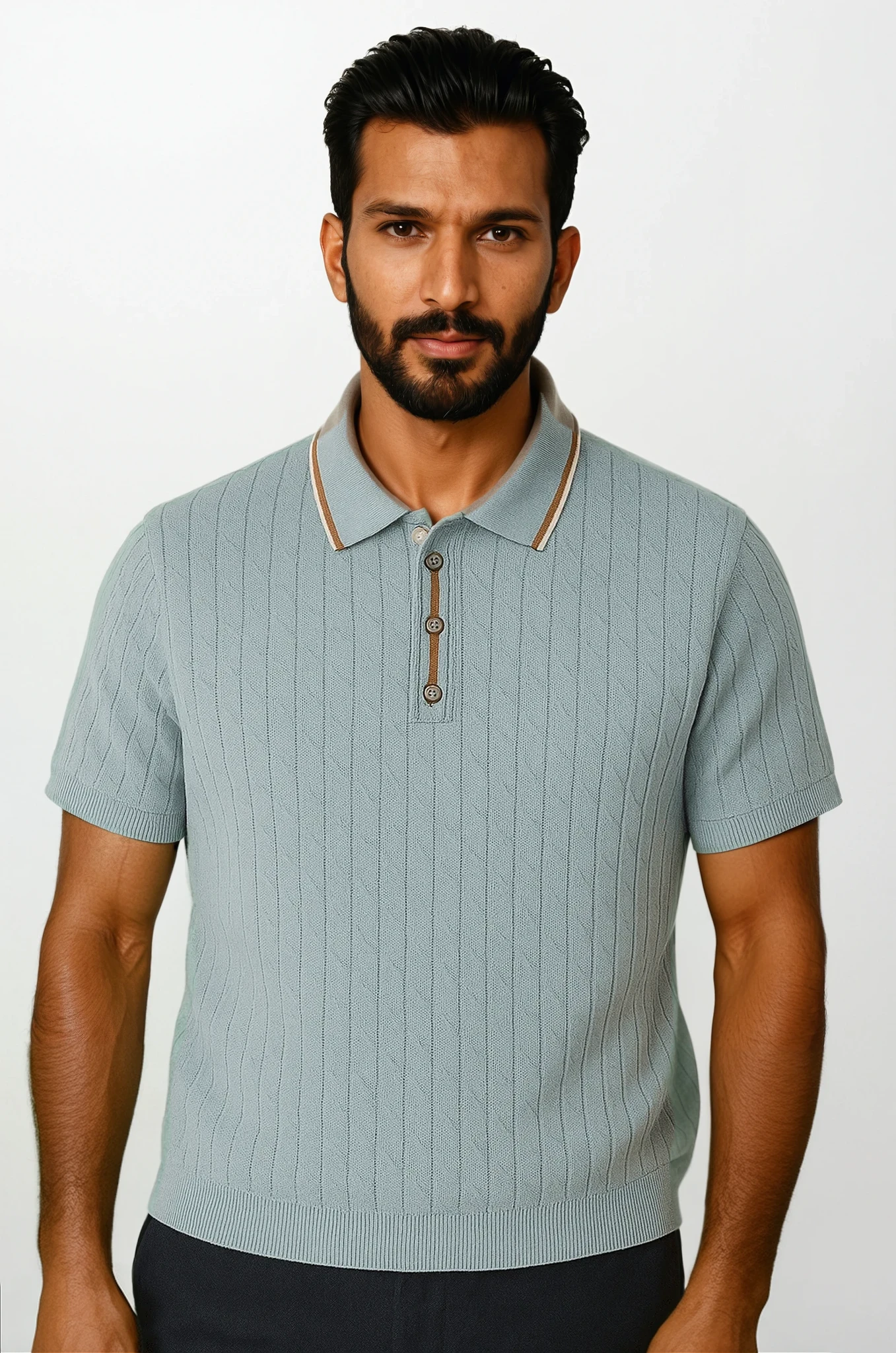 Essential Polo en Maille avec Col Contrasté bleu gris