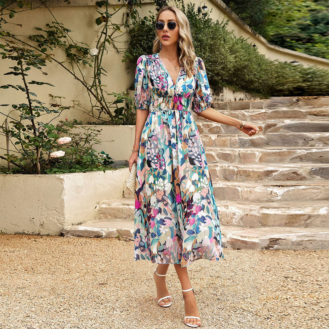 LAINEY - Elegante v-hals midi zomerjurk